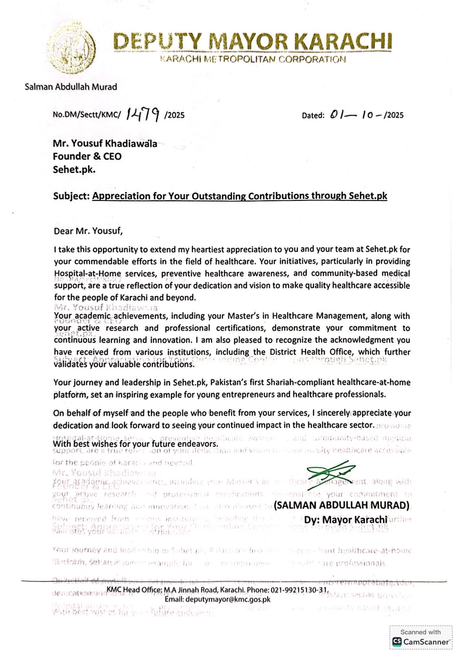 Official appreciation letter from Deputy Mayor of Karachi Salman Abdullah Murad to Sehet.pk