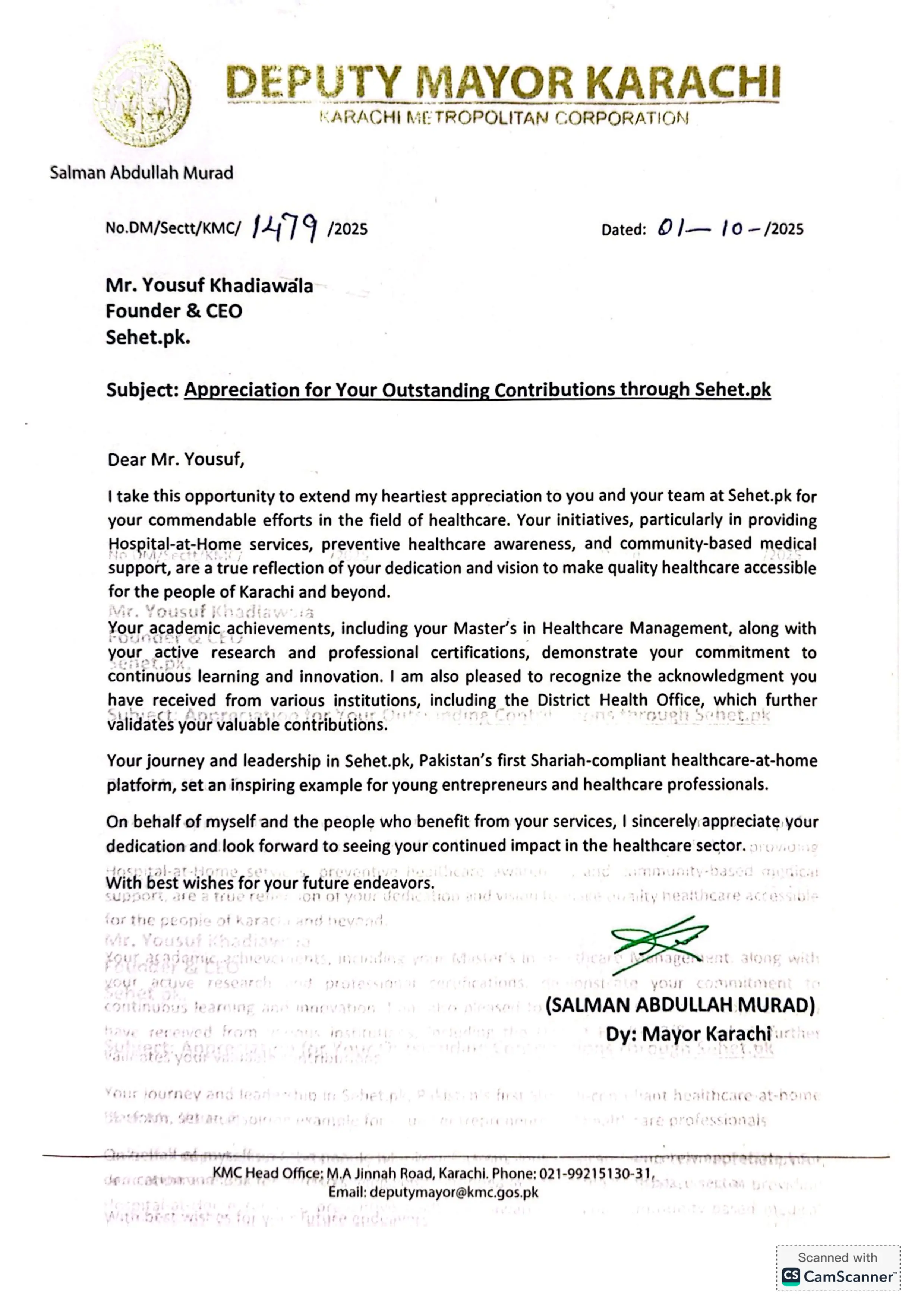 Official appreciation letter from Deputy Mayor of Karachi Salman Abdullah Murad to Sehet.pk